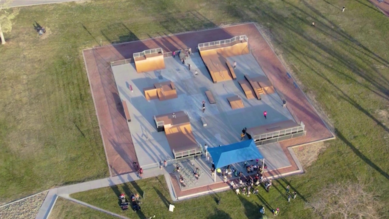 Aerial drone view of Paradise Hills Skate Park ribbon cutting